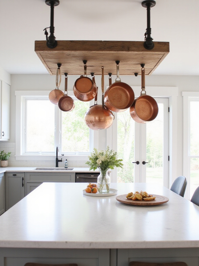 DIY pot rack made from reclaimed wood and iron pipes hanging above a kitchen island.