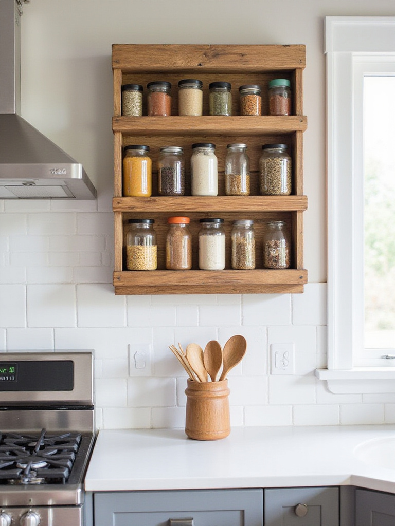 DIY spice rack made of reclaimed wood holding glass jars of spices in a bright kitchen