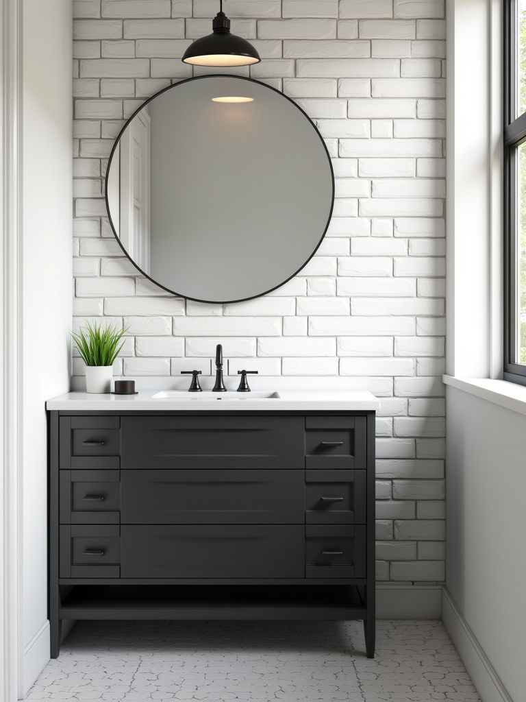 Modern bathroom design featuring black vanity and brushed nickel faucet and hardware.