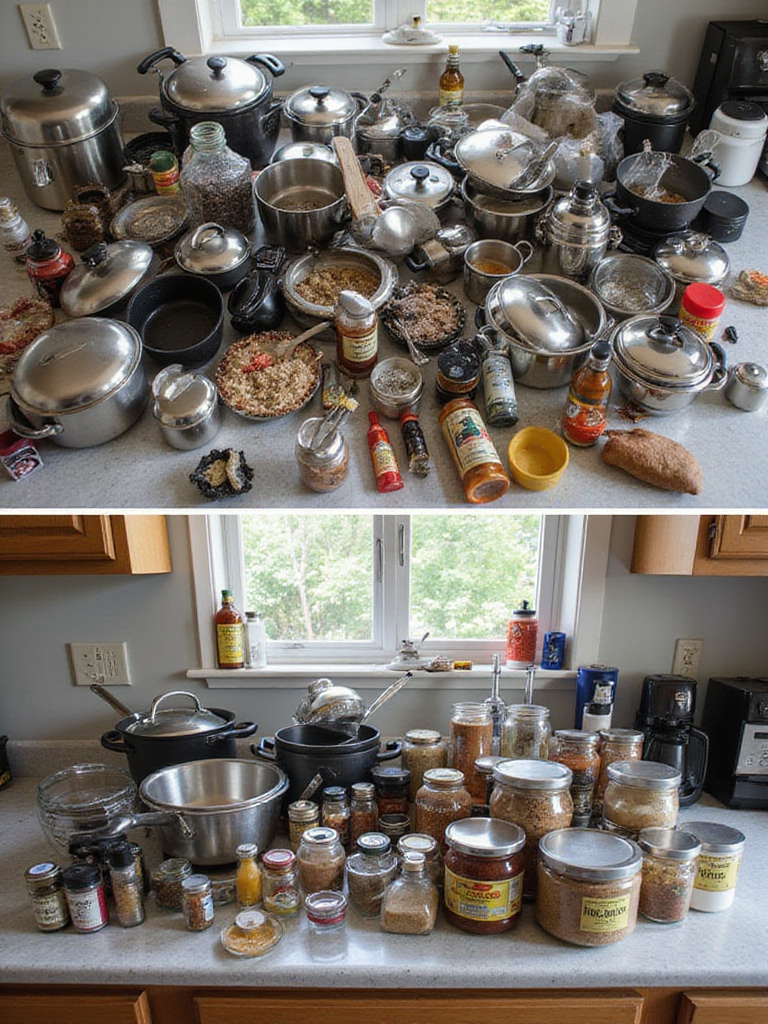 Cluttered vs. Organized Kitchen Countertop: Emphasizing the importance of decluttering before organizing.