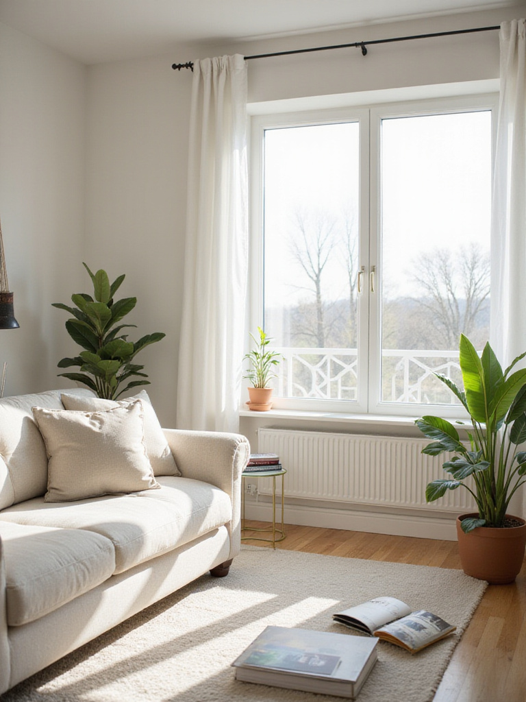 Clean and organized living room with minimalist decor promoting a calm and cozy atmosphere.