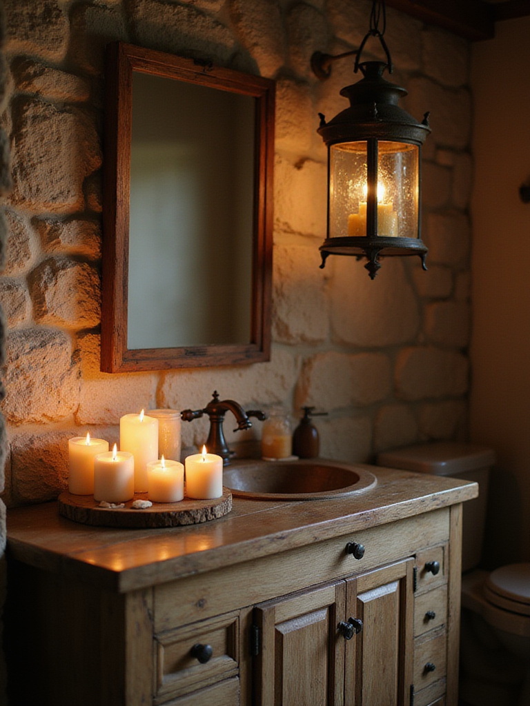 Rustic bathroom with candle and lantern lighting.