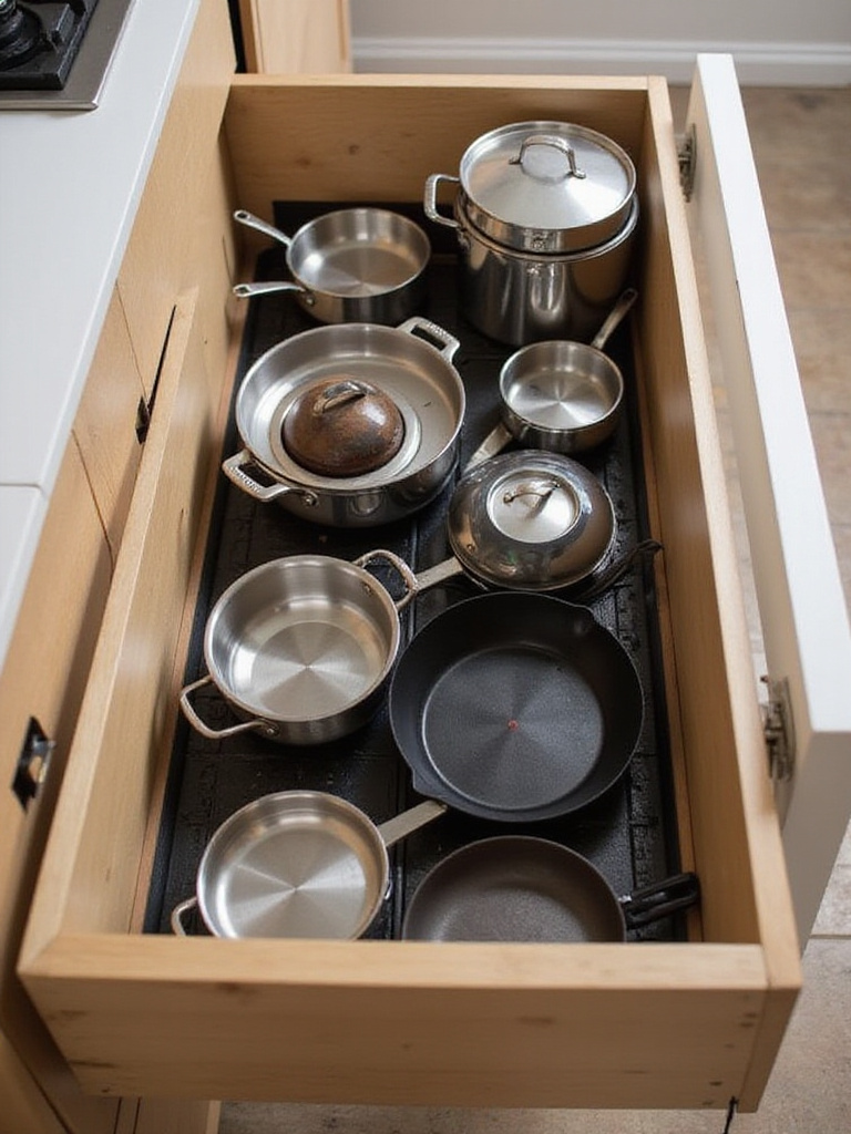Deep kitchen island drawer with adjustable metal dividers, neatly organizing pots and pans