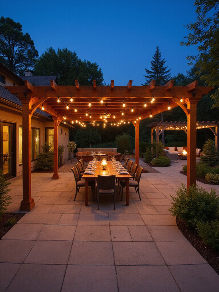 Patio with two distinct zones defined by pergolas: a dining area with a wooden pergola and a lounge area with a metal pergola.