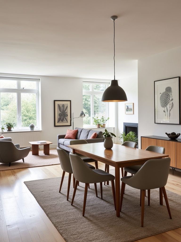 Defined dining area in open-plan home with rug, sideboard, and pendant light.