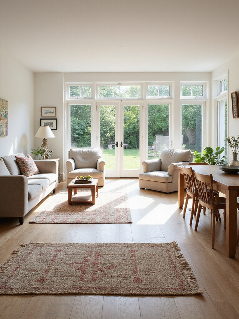Living room with rugs defining separate zones for seating, reading, and dining.
