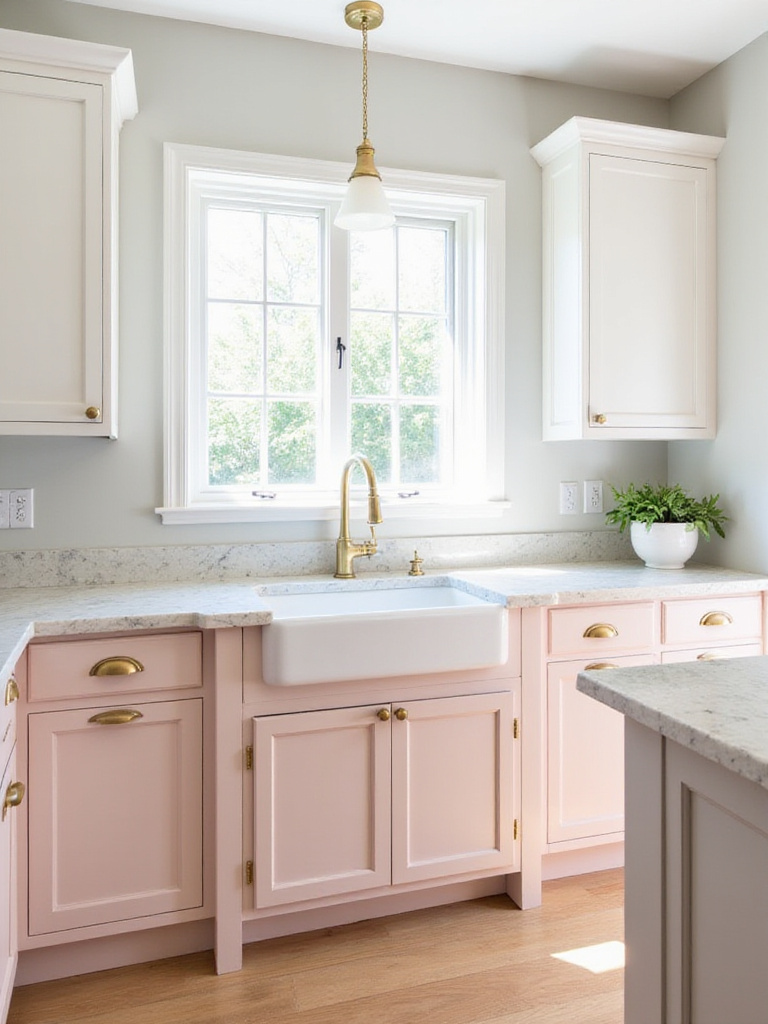 Light pink and white kitchen with brass hardware and natural light.