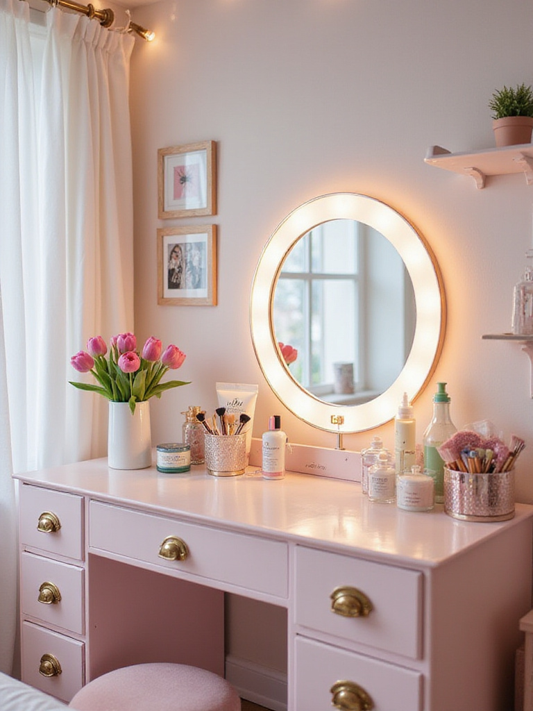 Teen girl's bedroom vanity with pastel colors, soft lighting, and organized makeup.