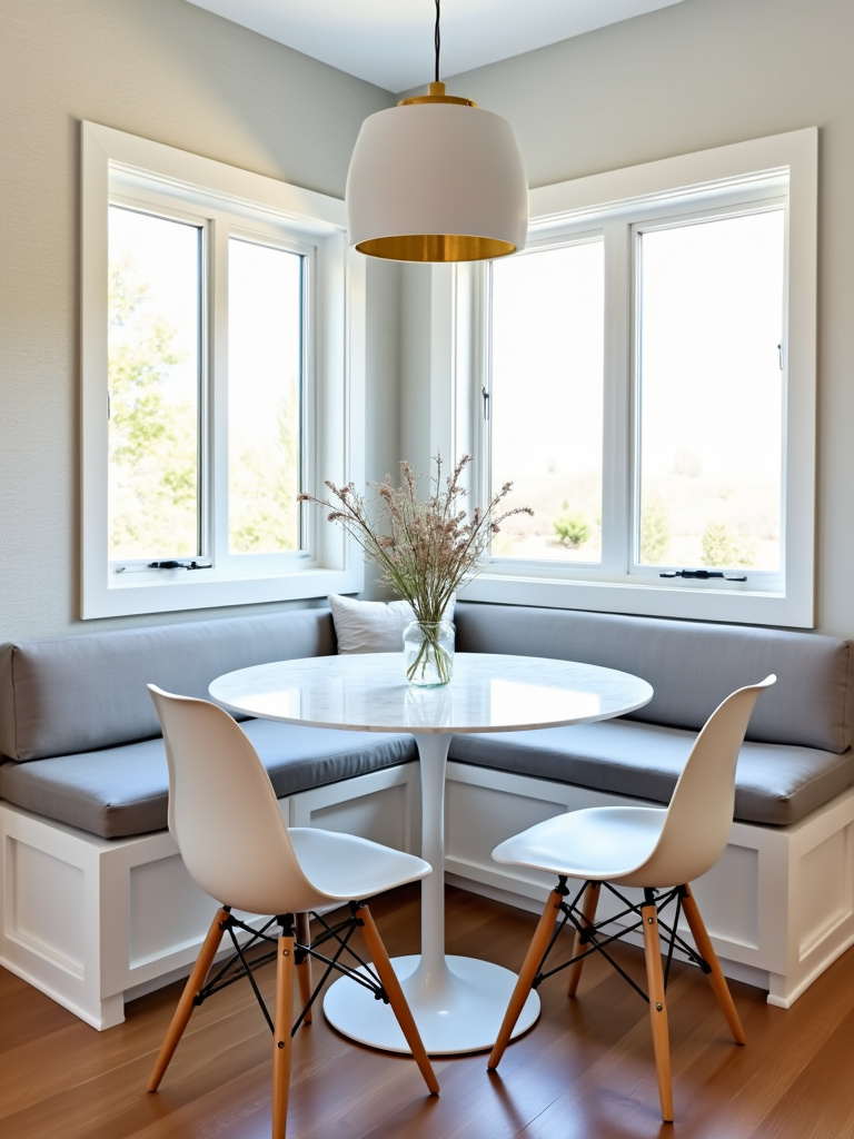 Cozy contemporary breakfast nook with banquette seating, round table, and ample natural light.