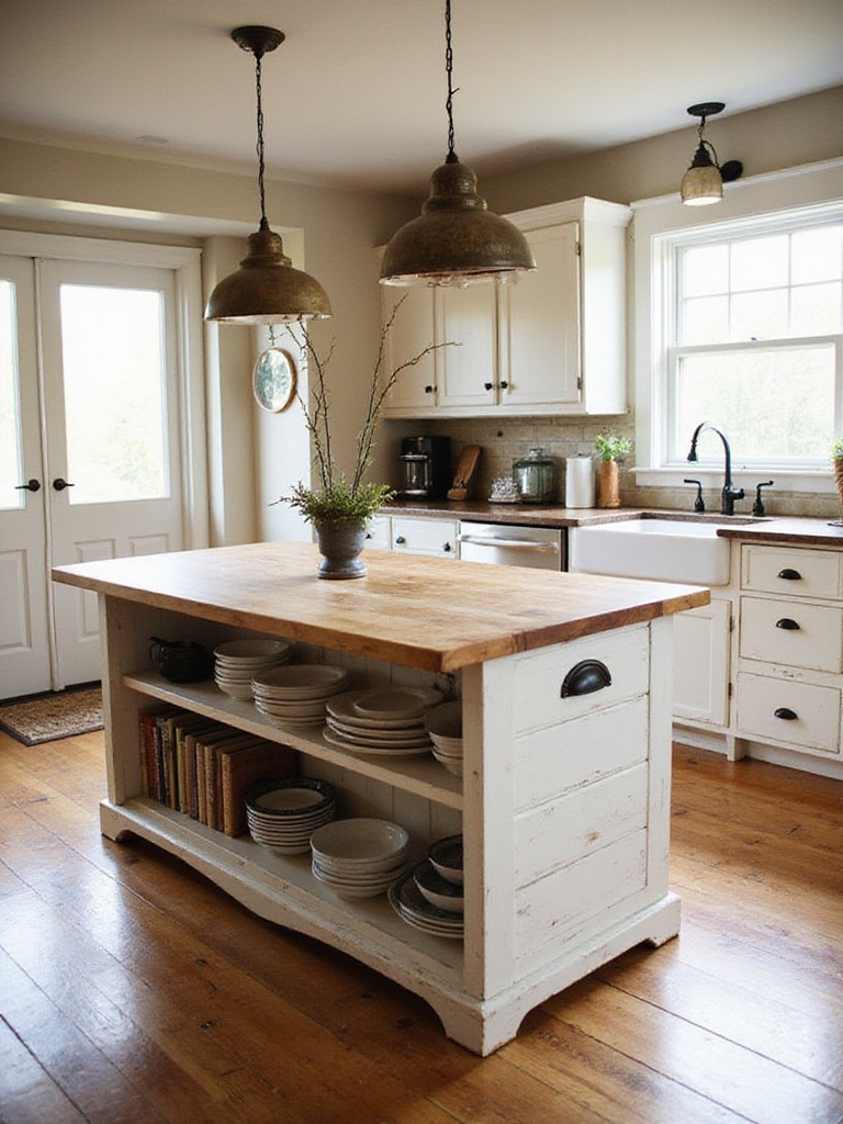 Farmhouse kitchen with a large butcher block island and shiplap base