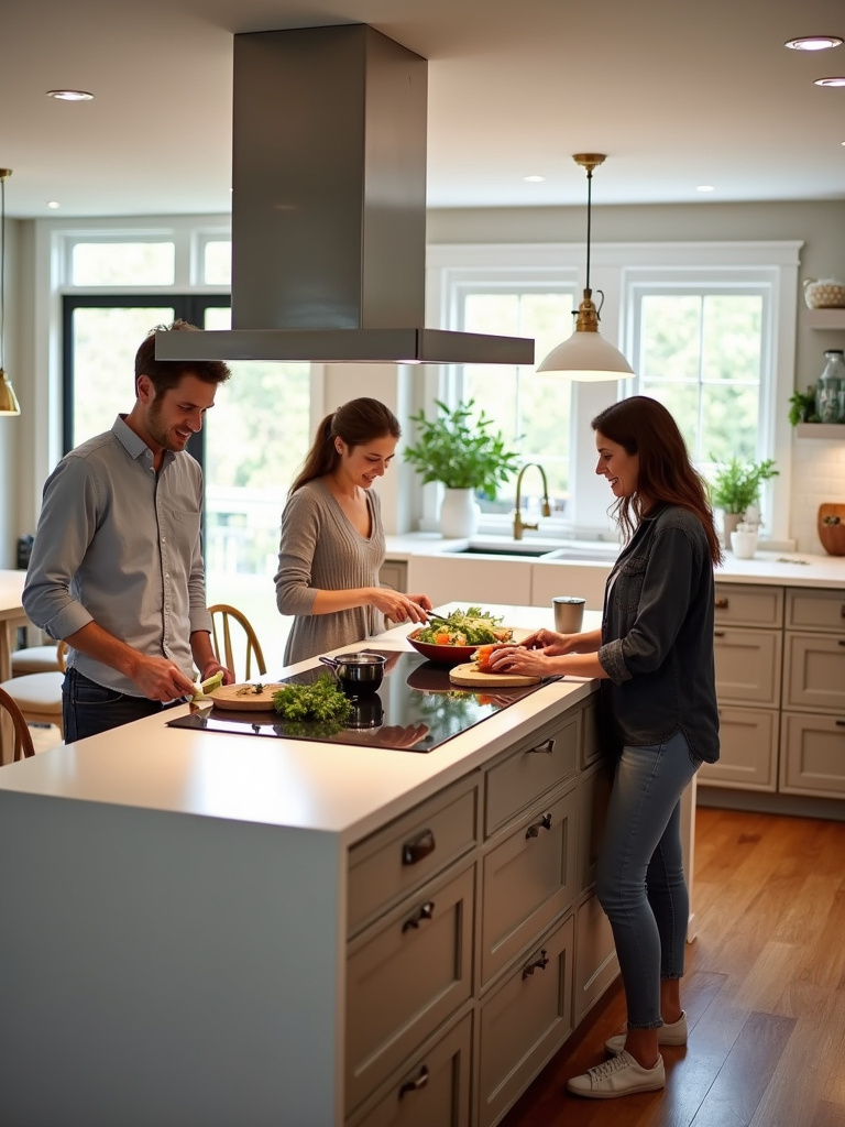 Kitchen island with built-in cooktop creating a social cooking hub.