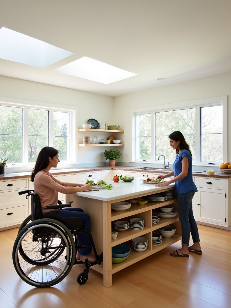 Accessible kitchen island with varying counter heights for users of all abilities