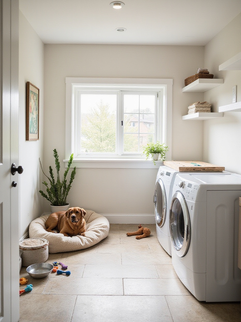 Cozy pet-friendly zone in a modern laundry room with dog bed, toys, and water bowl.