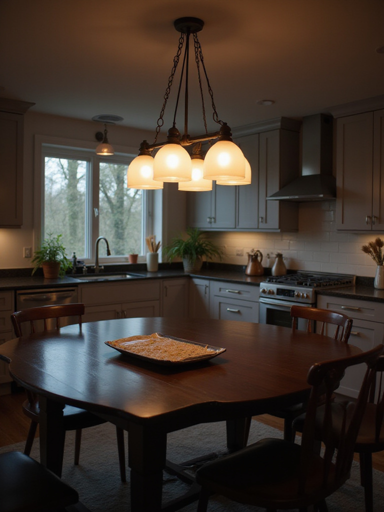 Kitchen dining area with dimmed pendant lighting over a dark wood table creating a warm and inviting atmosphere.