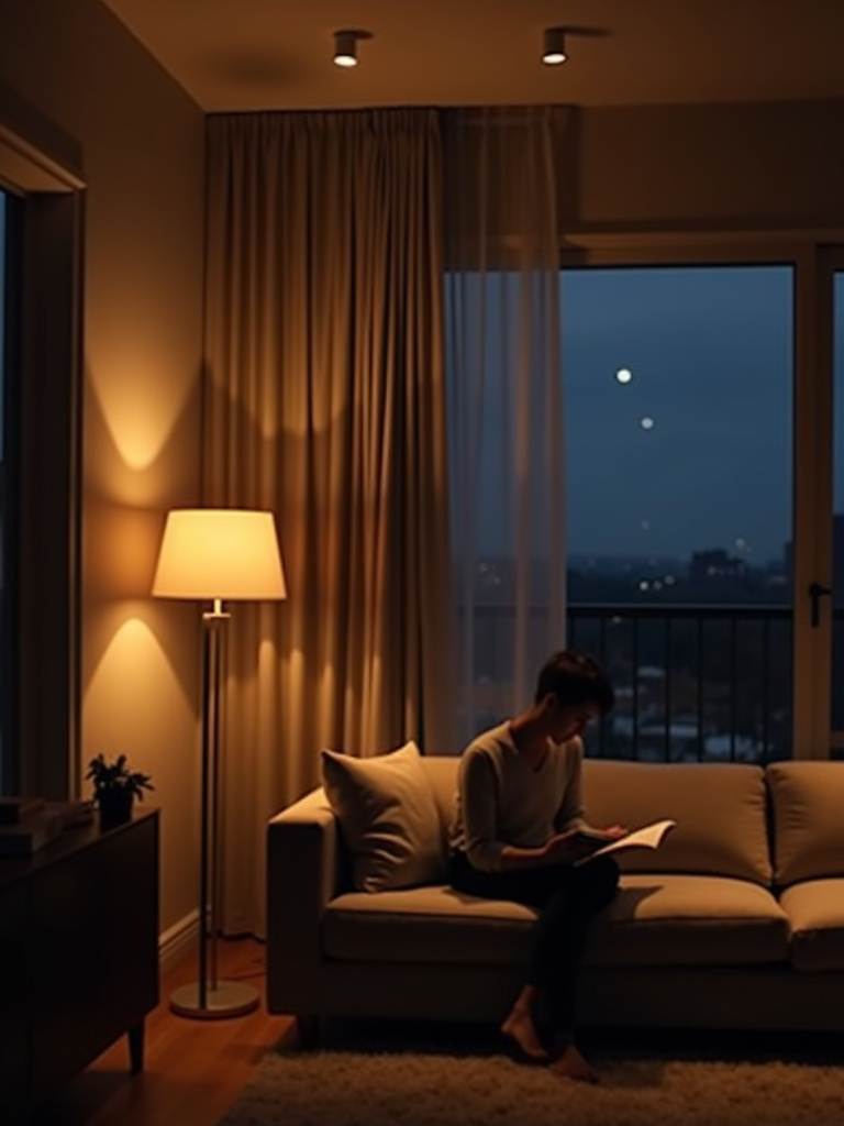 Living room with dimmable lights creating a cozy atmosphere.