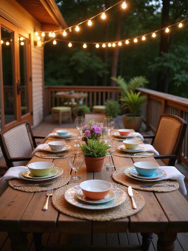 Outdoor dining table on a deck set with colorful and durable melamine dinnerware.