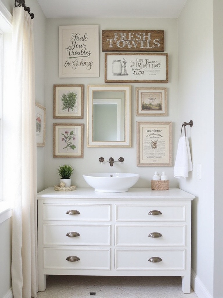 Farmhouse bathroom vanity with gallery wall of vintage-inspired signs and artwork.