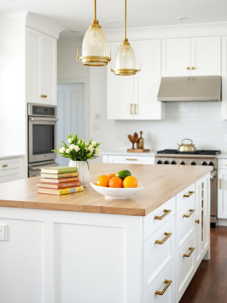 Personalized kitchen island with fruit bowl, flowers, and cookbooks, showcasing decorative accessories.