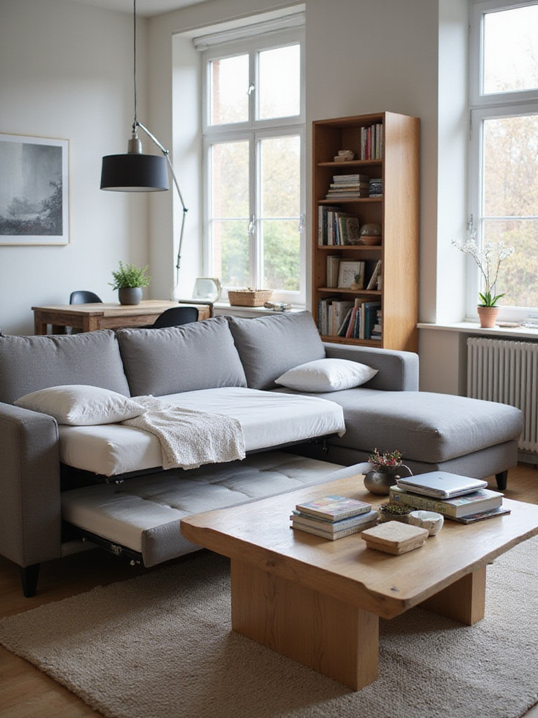 Modern living room with multifunctional sofa bed and lift-top coffee table.