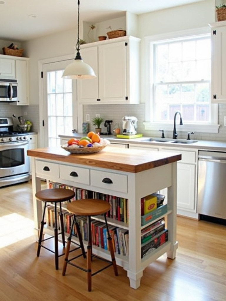 Small kitchen featuring a multi-functional island with storage and seating.