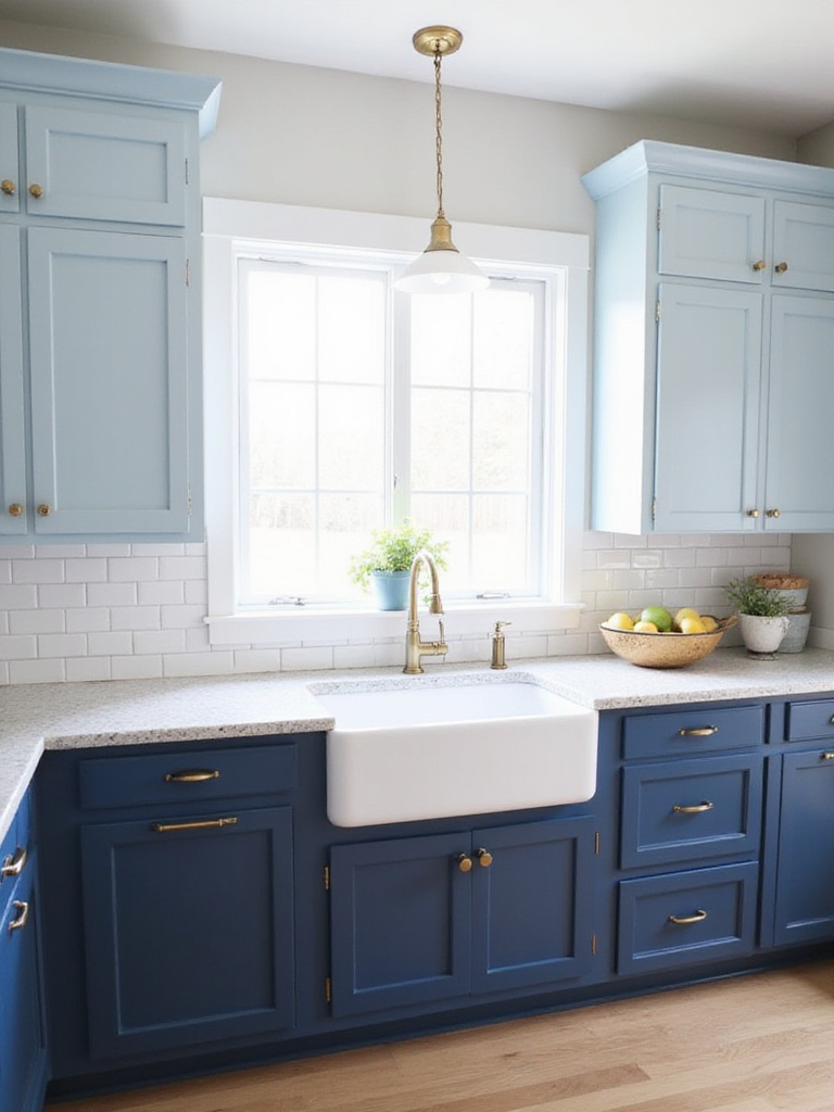 Two-tone blue kitchen cabinets in a modern farmhouse kitchen, with navy blue lower cabinets and light blue upper cabinets.