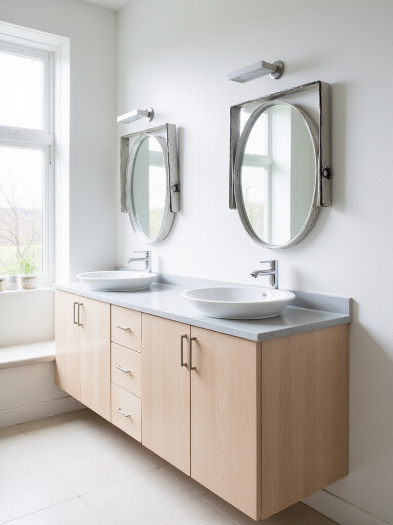 Modern bathroom with a chic double vanity featuring light wood finish, white sinks, and gray quartz countertop.