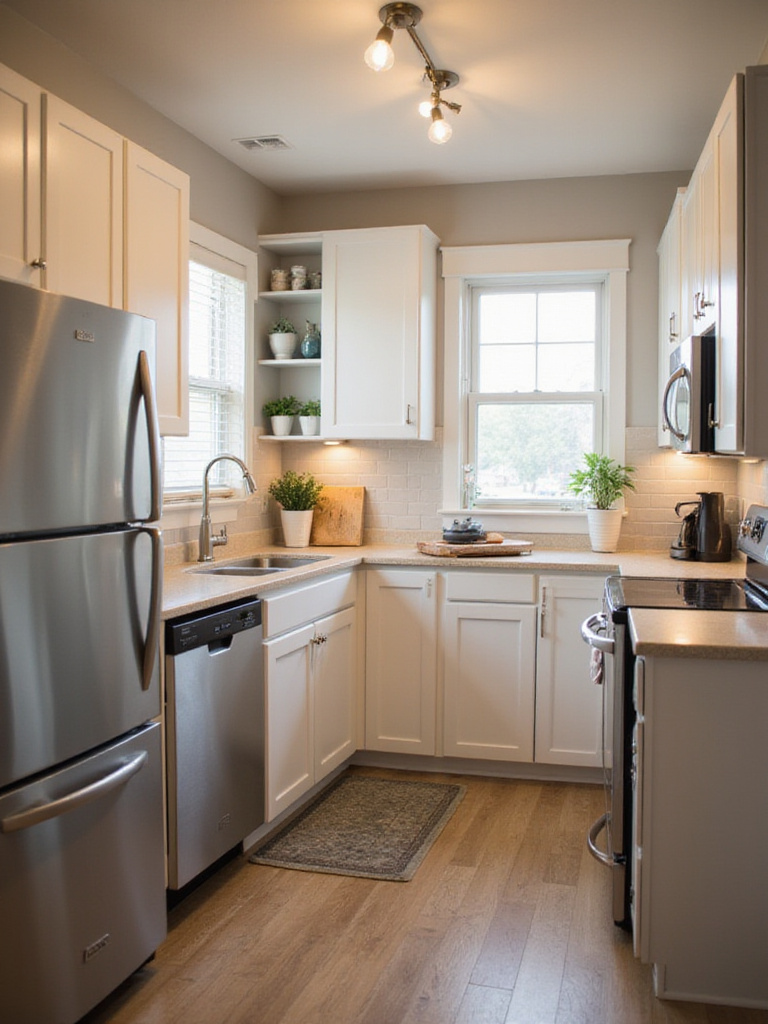 Small kitchen featuring compact stainless steel appliances for space saving.