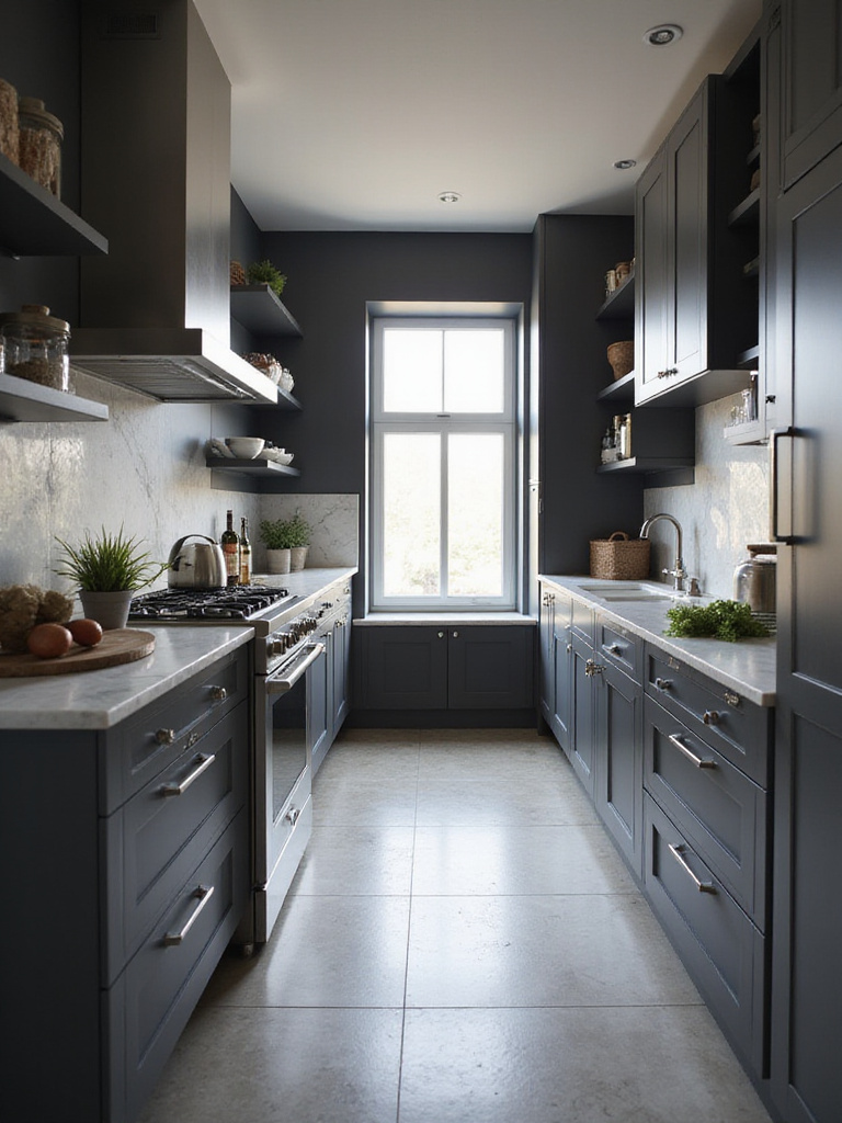 Modern kitchen with charcoal gray cabinets and white marble countertop.