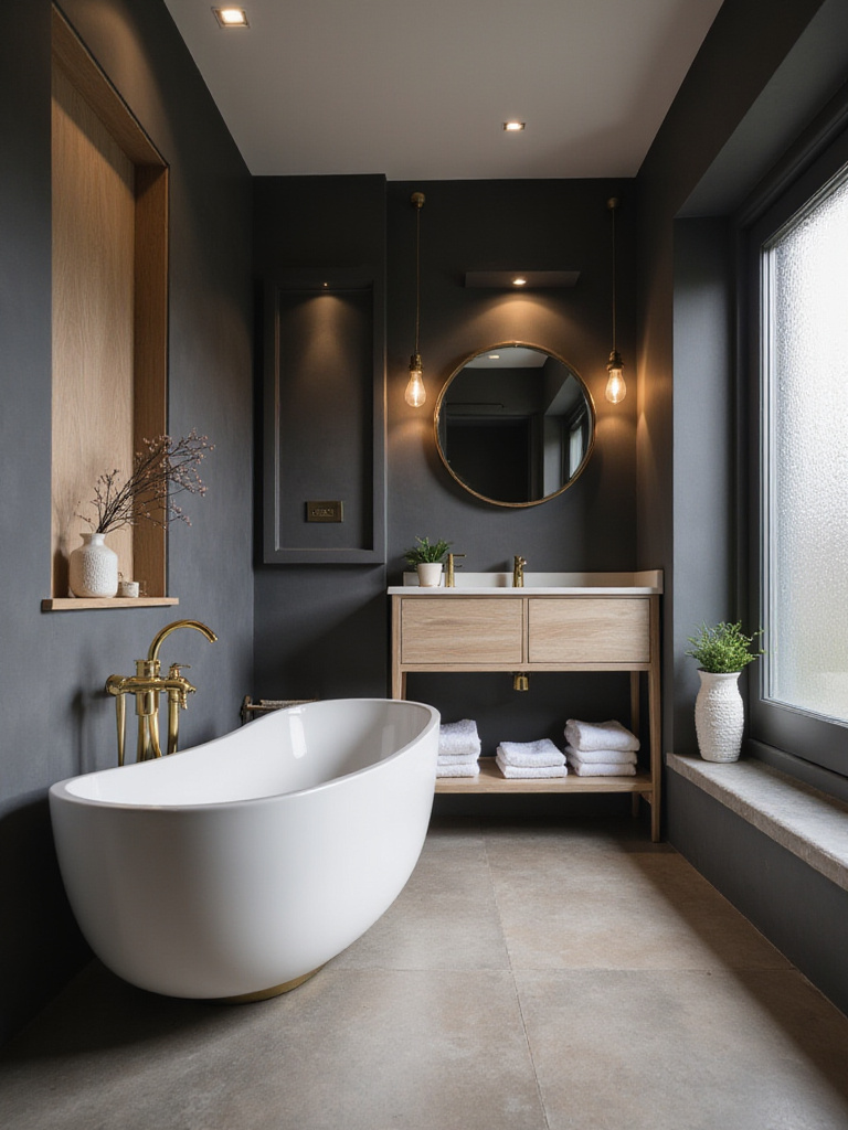 Bathroom with dramatic dark charcoal gray walls, white soaking tub, and warm lighting creating a cozy and intimate retreat.