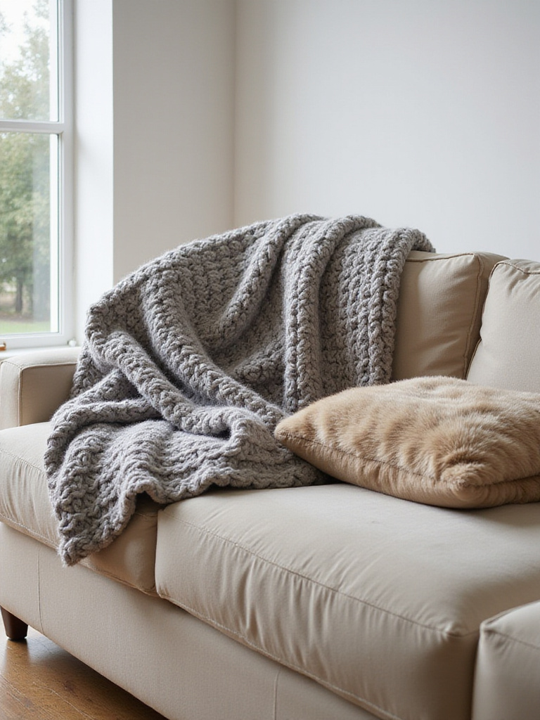 Luxurious throw blankets draped on a sofa in a cozy living room.