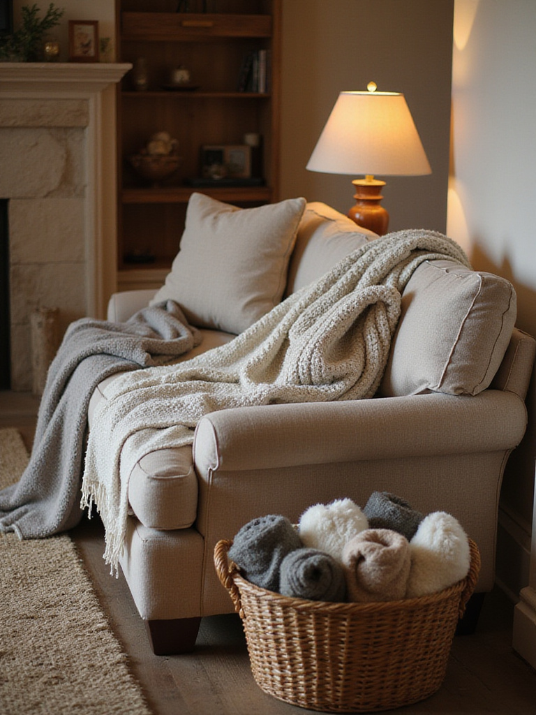 Cozy living room with plush sofa and multiple textured throw blankets.