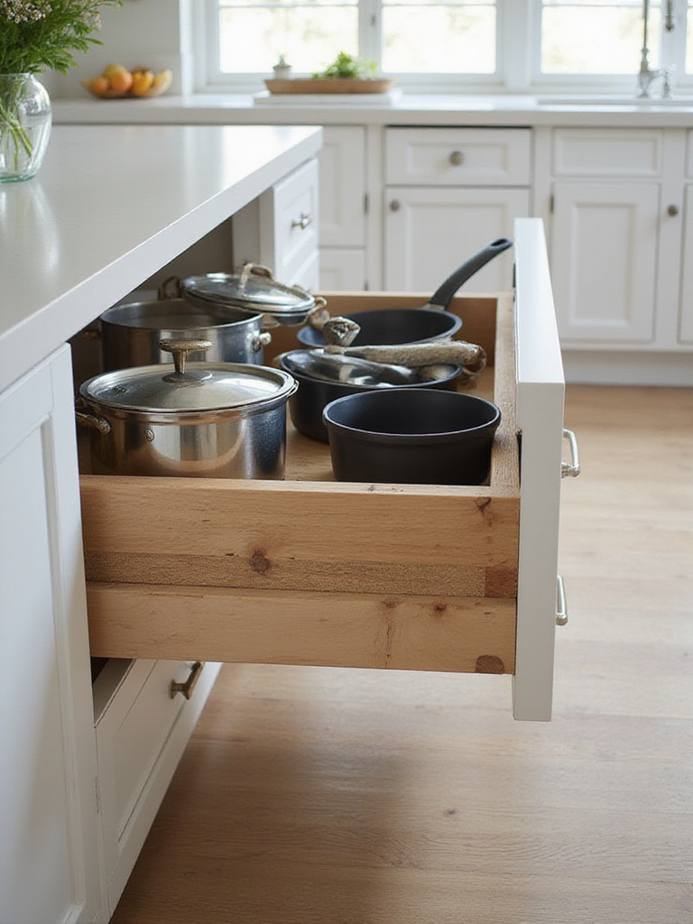 Kitchen island drawer with custom pegboard storage for pots and pans