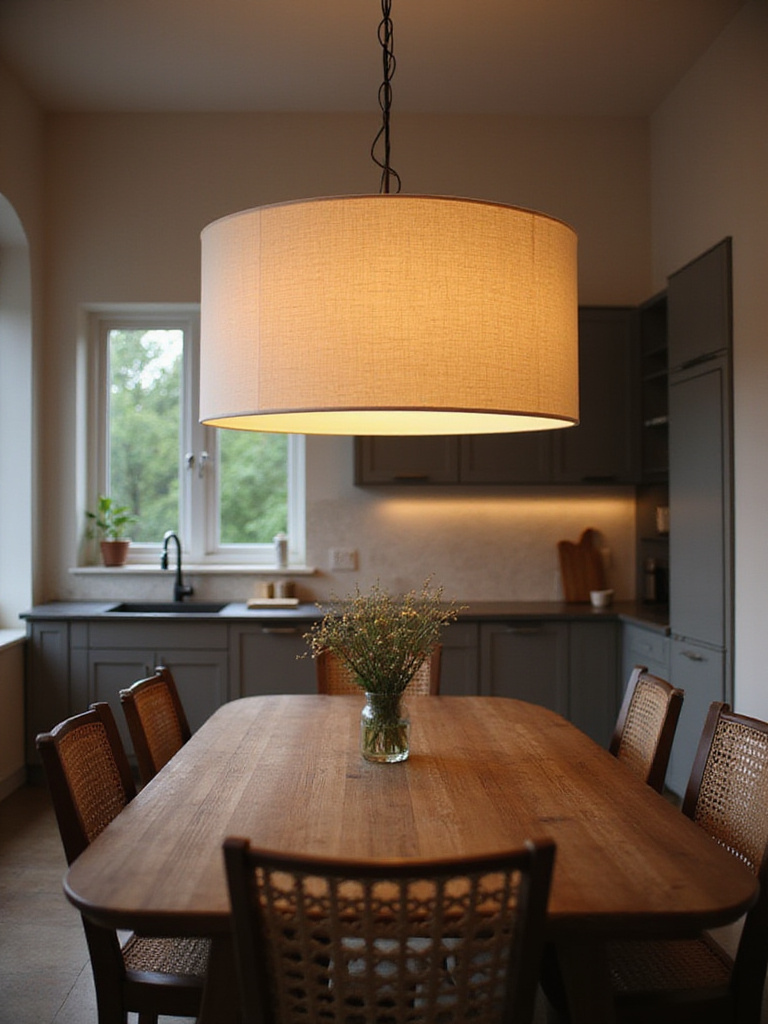 Kitchen dining area illuminated by a linen drum pendant light over a dark wood table, creating a warm and inviting atmosphere.