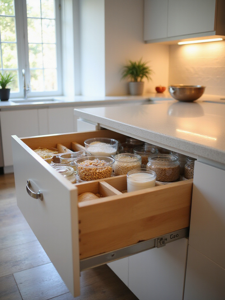 Kitchen island drawer with organized dry goods storage
