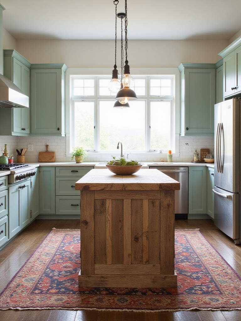 Eclectic kitchen design featuring a mix of modern and traditional styles with Shaker cabinets, a rustic island, and industrial pendant lights.