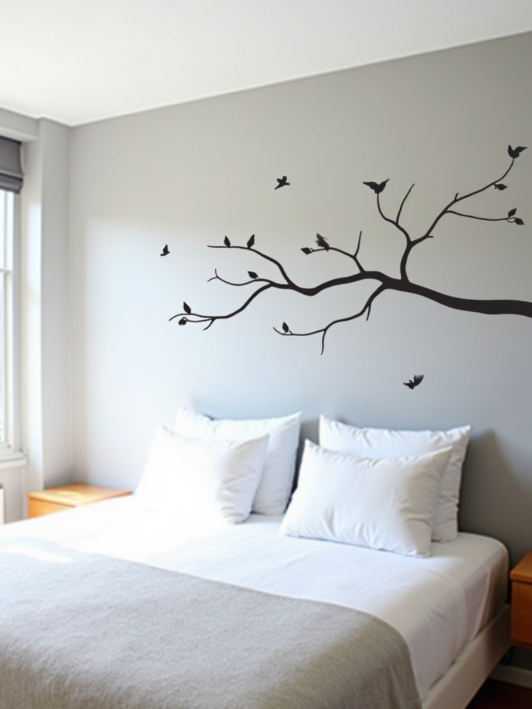 Bedroom with a tree branch wall decal and bird stickers above the bed