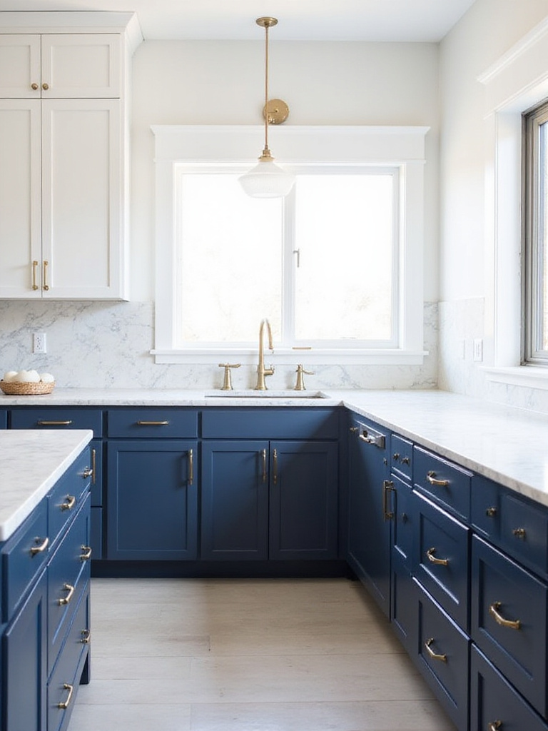 Modern kitchen with elegant navy blue lower cabinets and white marble countertops.