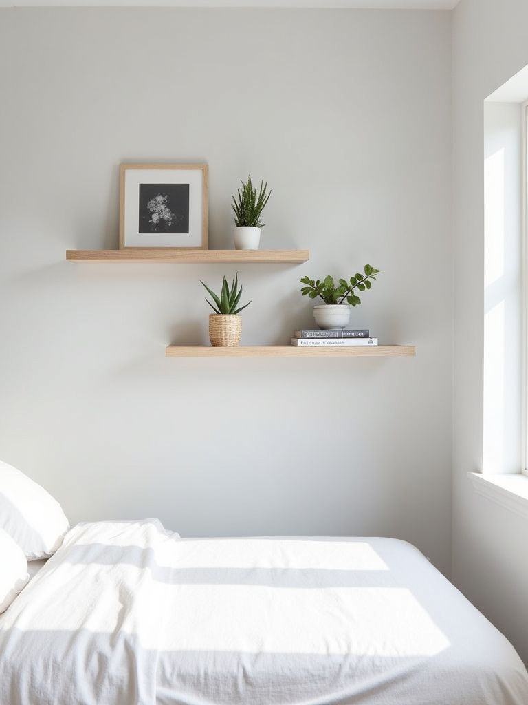 Bedroom wall decor: Chic floating shelves displaying plants, photos, and books.