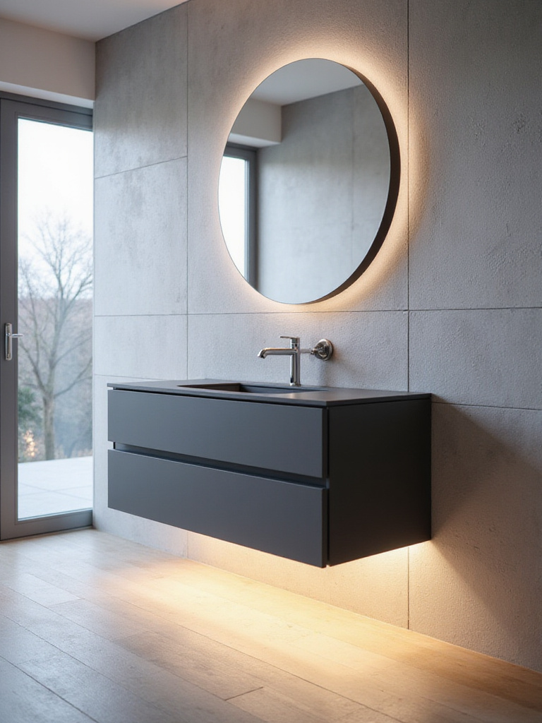 Modern bathroom with a sleek, dark gray floating vanity and LED underlighting.