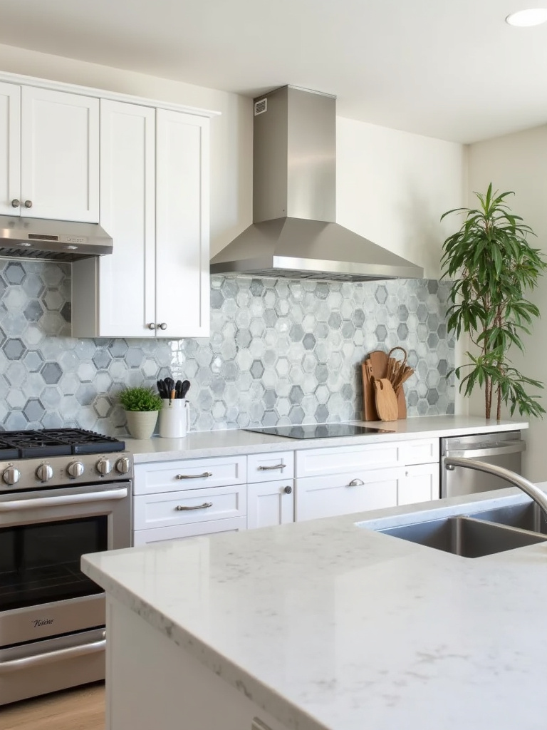 Contemporary kitchen with a geometric hexagon tile backsplash in gray and white.