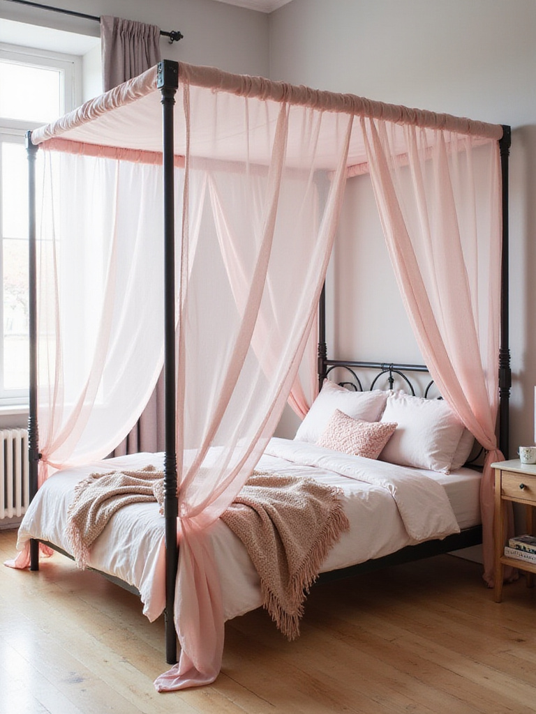 Teen girl's bedroom featuring a romantic canopy bed with sheer pink fabric.