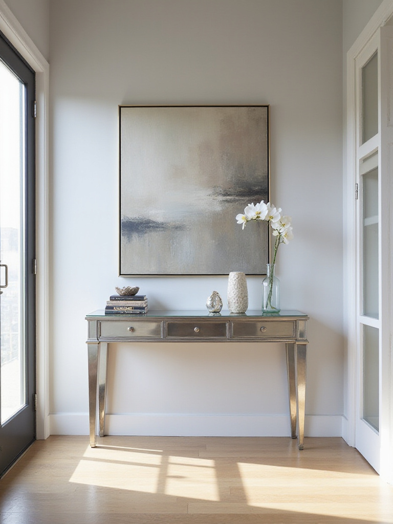 Modern entryway with mirrored console table, artwork, and decorative accessories.