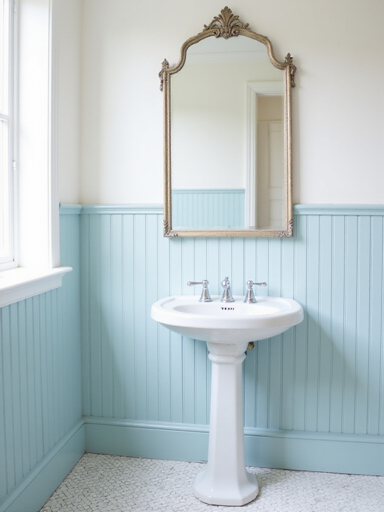 Bathroom with light blue beadboard wainscoting and vintage-style pedestal sink.