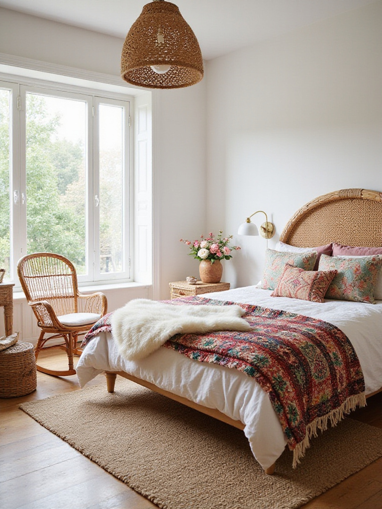 Boho bedroom featuring a rattan headboard, wicker rocking chair, and natural textures.