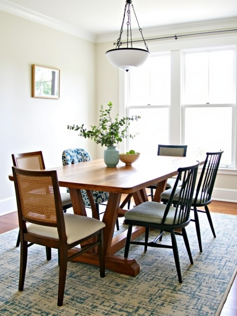 Eclectic dining room with mismatched chairs in various styles and colors around a wooden table.