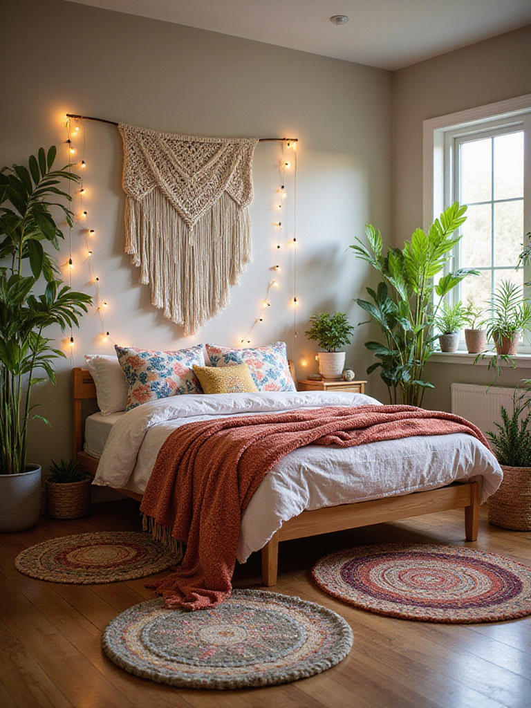 Boho teen bedroom featuring a low platform bed, macrame wall hanging, string lights, and layered rugs.
