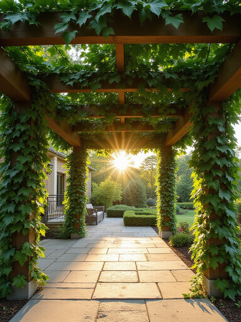 Patio pergola with lush green climbing plants creating a living canopy.