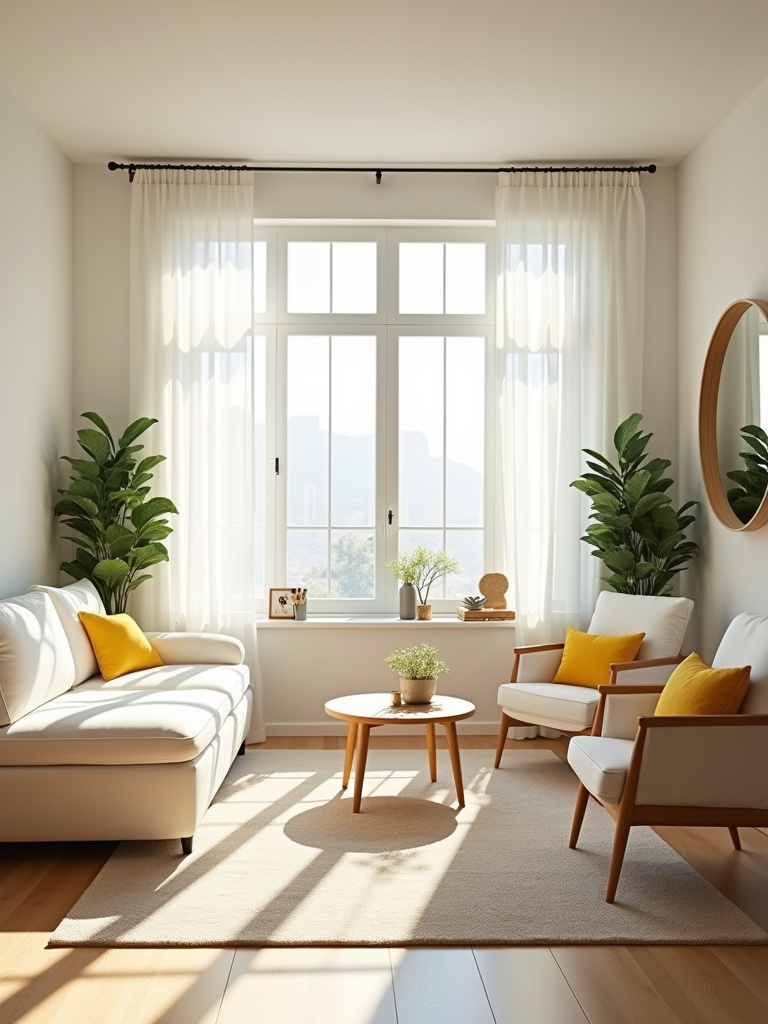 Bright living room with natural light maximized through sheer curtains and strategic furniture placement.