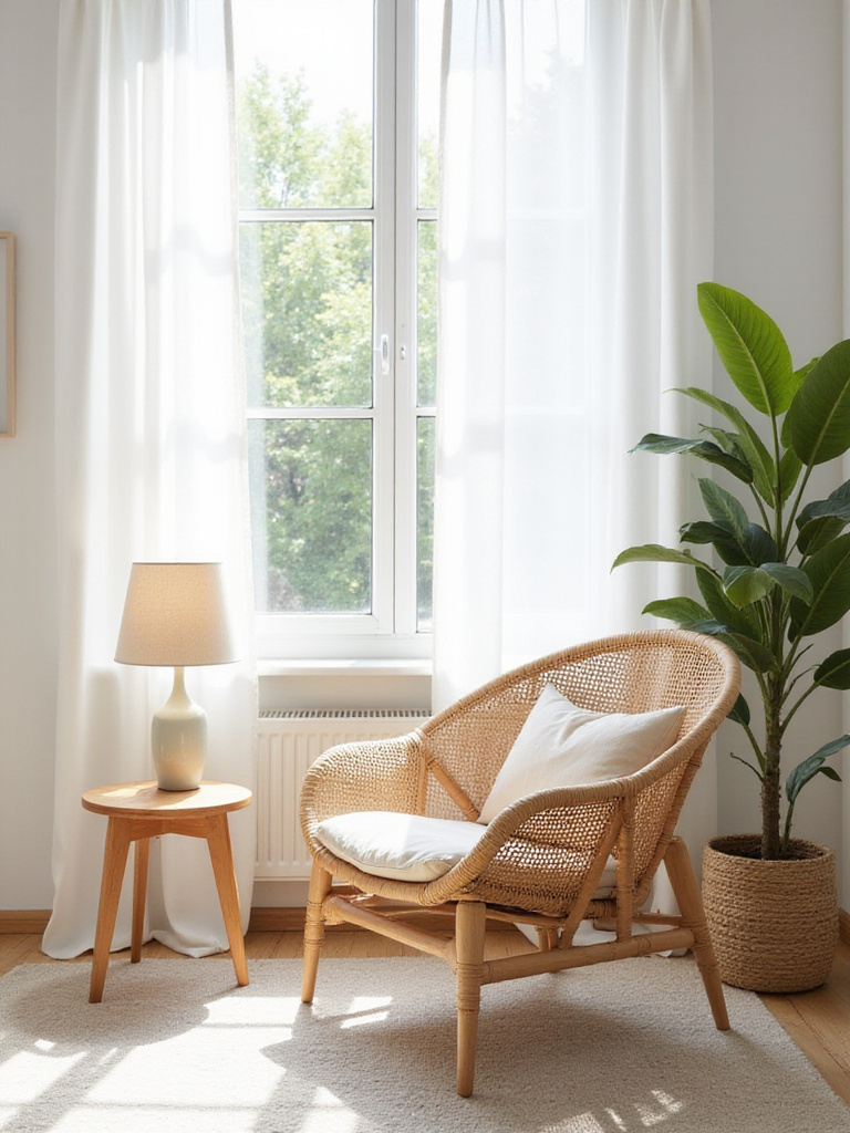 Modern living room featuring a woven rattan armchair with a neutral cushion beside a window.