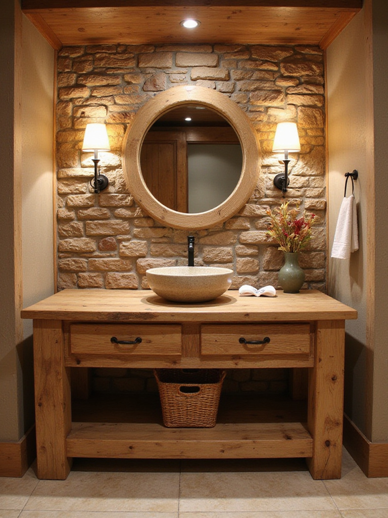Rustic bathroom with natural wood vanity and stone wall.